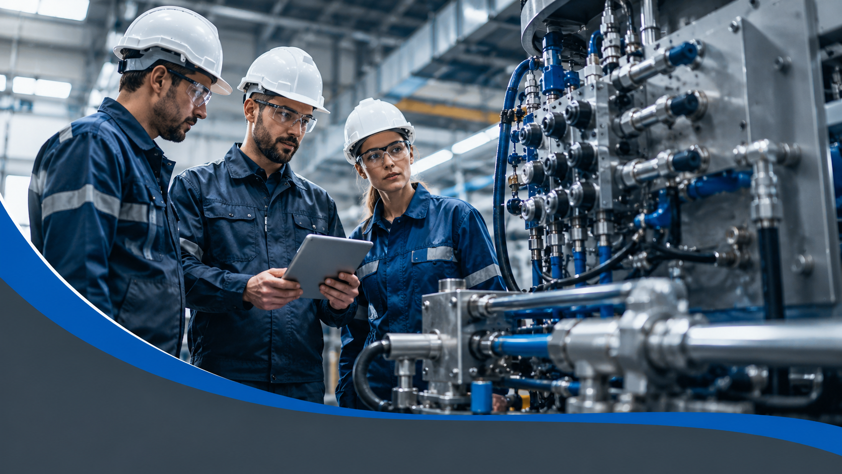 Técnico realizando manutenção industrial em equipamento hidráulico